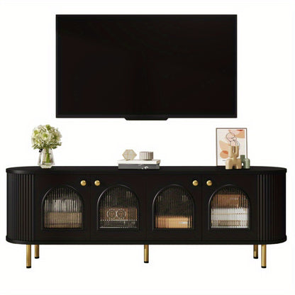 Tv-meubel – Lowboard – TV-kast – Media meubel – TV-dressoir – Zwart MDF met glazen deuren – Gouden handgrepen en poten – Ruime opbergruimte – Afgeronde hoeken