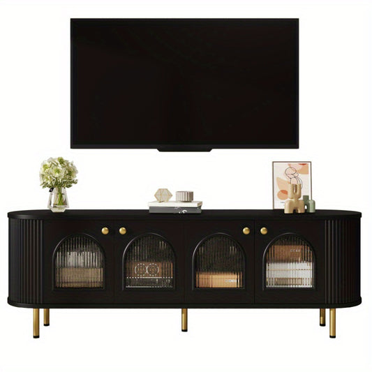 Tv-meubel – Lowboard – TV-kast – Media meubel – TV-dressoir – Zwart MDF met glazen deuren – Gouden handgrepen en poten – Ruime opbergruimte – Afgeronde hoeken