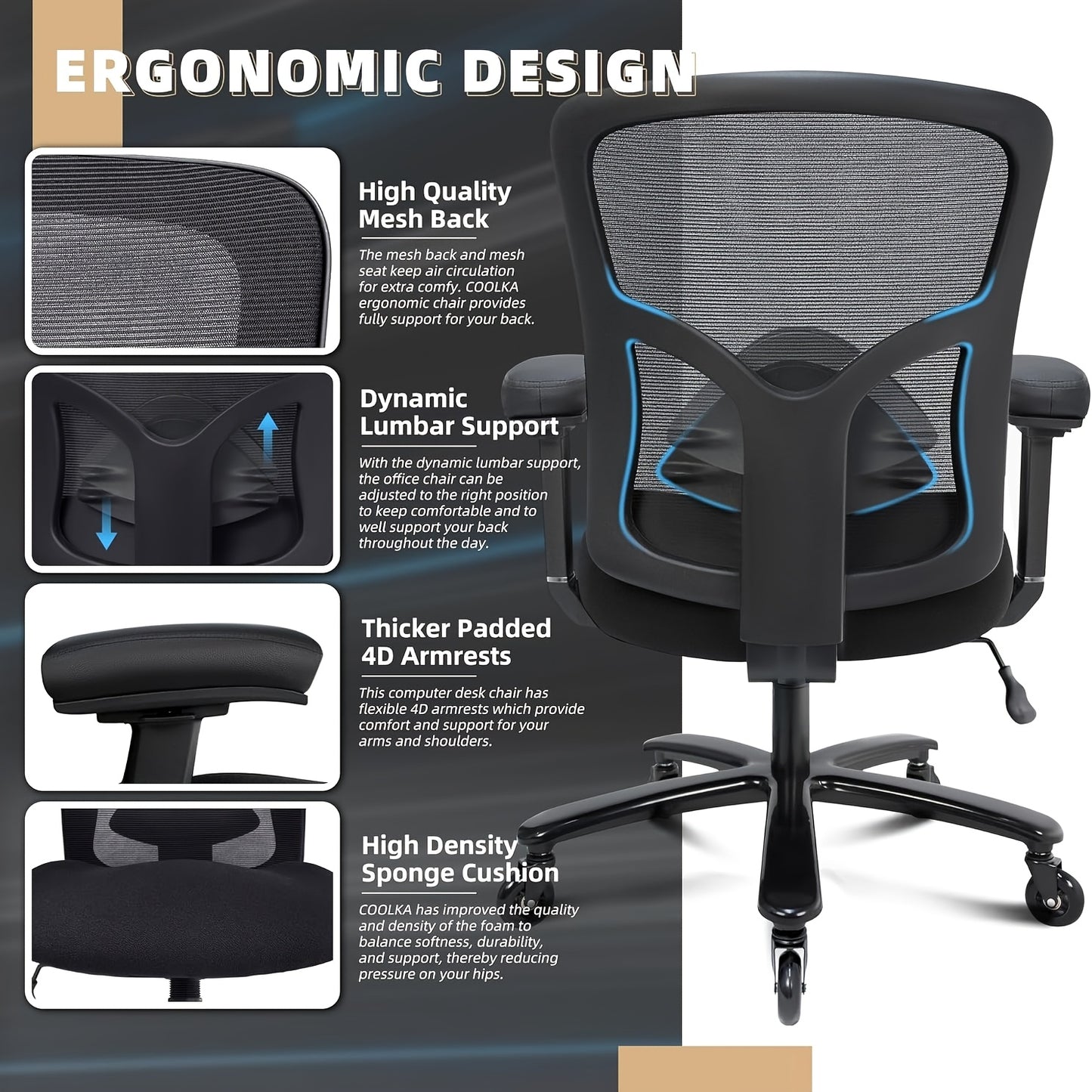 Office Chair, Desk Chair with 5 Rubber Wheels, Gaming Chair with 4D Armrests, for Large And Strong People (up to 227kg), Height-Adjustable, Memory Foam Filling, Ergonomic Office Chair with Rocking Function, Office, Ergonomic