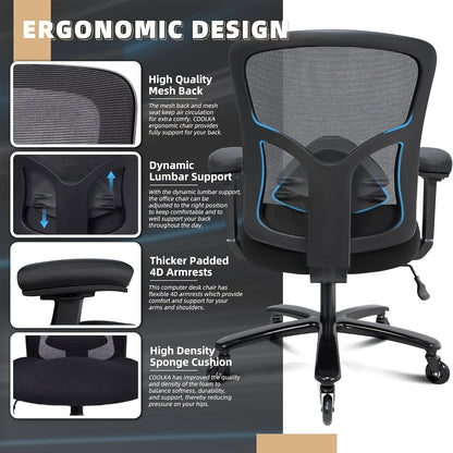 Office Chair, Desk Chair with 5 Rubber Wheels, Gaming Chair with 4D Armrests, for Large And Strong People (up to 227kg), Height-Adjustable, Memory Foam Filling, Ergonomic Office Chair with Rocking Function, Office, Ergonomic