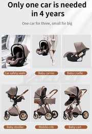 Kinderwagen 3 in 1 - Kinderwagen - Bedje - Buggy - Autostoel - Opvouwbaar - Aluminium frame - Blauw - Goud - Bruin
