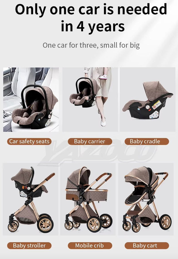 Kinderwagen 3 in 1 - Kinderwagen - Bedje - Buggy - Autostoel - Opvouwbaar - Aluminium frame - Blauw - Goud - Bruin