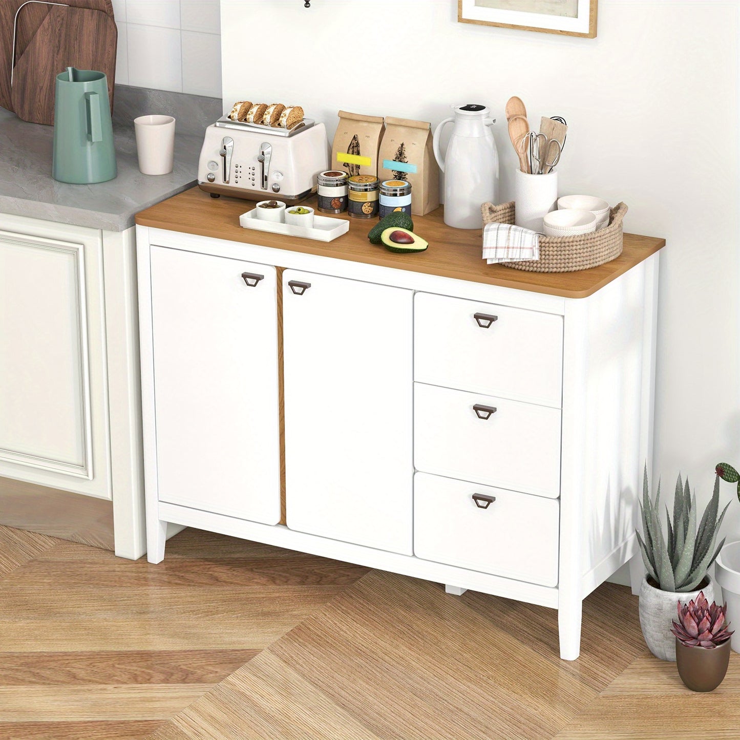 Buffetkast – Opbergkast – Keukenkast – Ladekast – Wit Houten Meubel – Anti-Kantelbeveiliging – Stevige MDF En Houtconstructie – 106x40x80 cm