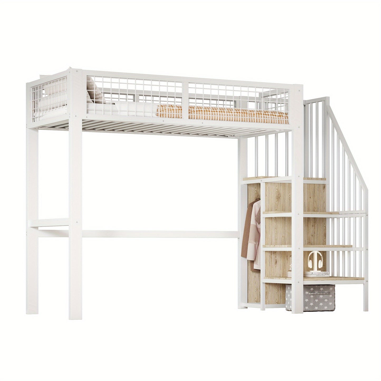 90*200 Loft Bed With Ladder With Iron And Storage Shelves