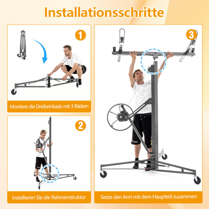 Gipsplaatlift – Drywall Lift – Panelenlift – Plafondlift – Wandplaatlift – Verstelbare Hoogte 180-470 cm – Draagkracht 68 kg – 3-Wiel Systeem Met Rem – Kantelbaar 60° – Opvouwbaar