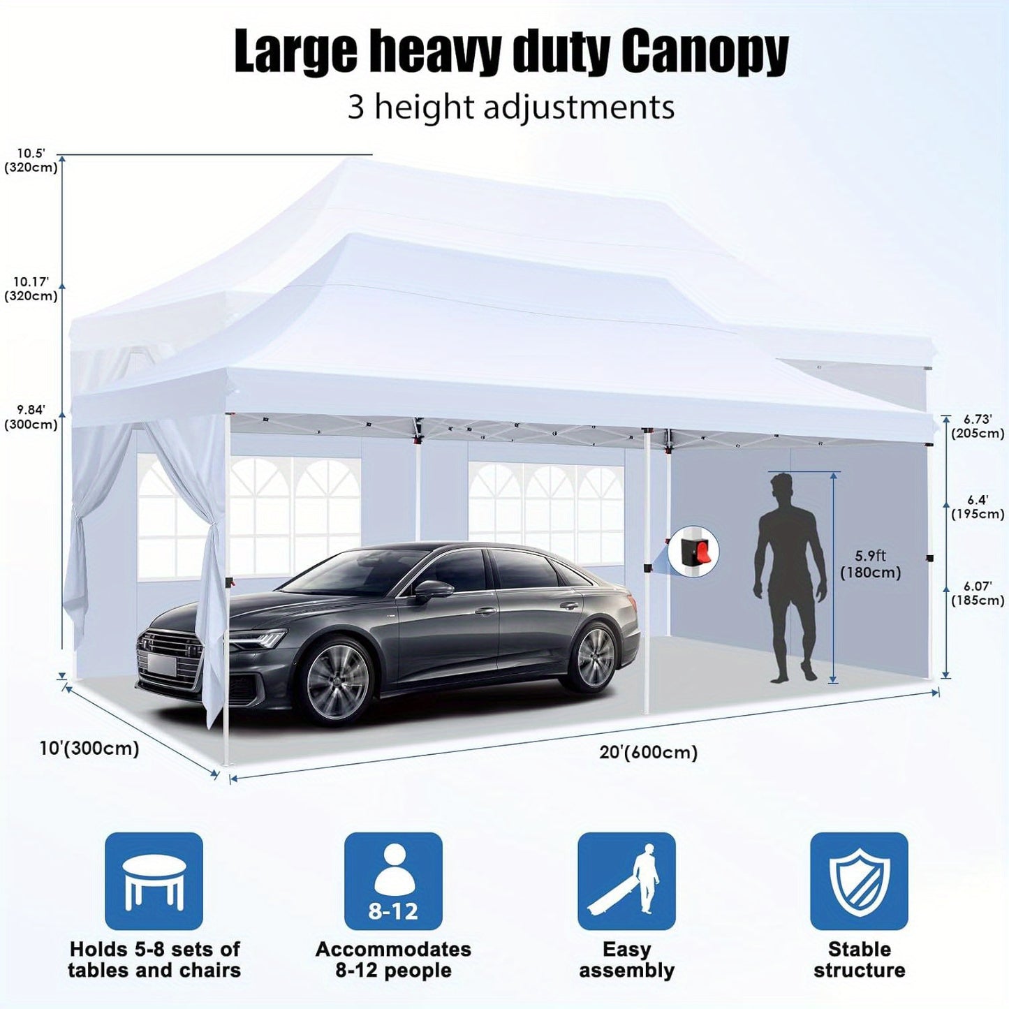 Pop Up Tent – Voortent – Gazebo – Partytent – Zonnescherm – 10x20 Meter – 6 Verwijderbare Zijkanten – UV50+ Bescherming – 3 Verstelbare Hoogtes – Inklapbaar Met Draagtas – Hydrofobe Buitenhoes – Khaki