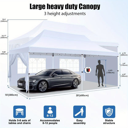 Pop Up Tent – Voortent – Gazebo – Partytent – Zonnescherm – 10x20 Meter – 6 Verwijderbare Zijkanten – UV50+ Bescherming – 3 Verstelbare Hoogtes – Inklapbaar Met Draagtas – Hydrofobe Buitenhoes – Khaki