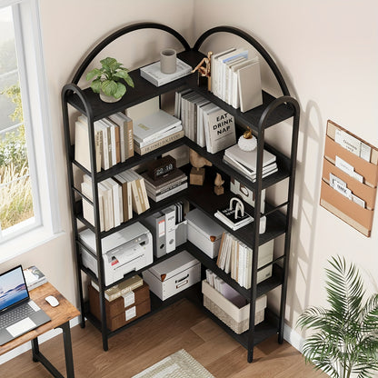 1pc Heavy-Duty Industrial Metal L-Shaped Corner Bookshelf with 5-Tier Arched Shelving Unit - Freestanding Floor Shelf with Sturdy A-Frame Design, Easy Assembly & Space-Saving Shelving for Living Room, Bedroom, Home Office - M