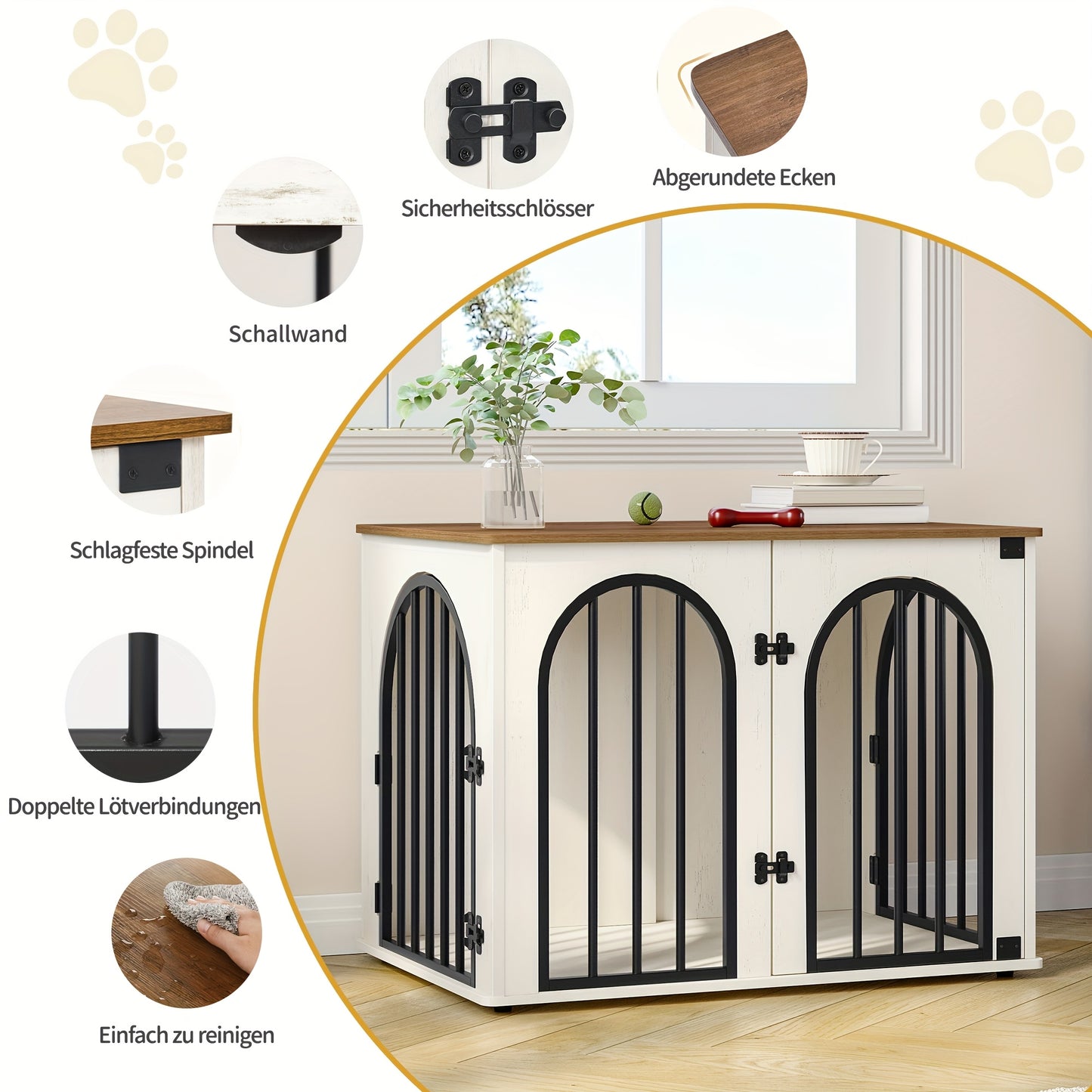Hondenbench – Hondenkooi – Hondenhok – Dierbench – Huisdierenkooi – Ontsnappingsbestendig & Anti-Knauw – 3 Deuren & Multifunctioneel – Wit/Bruin – 56x80x61 cm