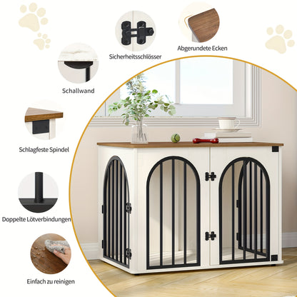 Hondenbench – Hondenkooi – Hondenhok – Dierbench – Huisdierenkooi – Ontsnappingsbestendig & Anti-Knauw – 3 Deuren & Multifunctioneel – Wit/Bruin – 56x80x61 cm