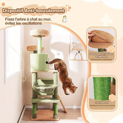 Krabpaal – Kattenboom – Krabmeubel – Kattentoren – Kattenhuis – Cactusvorm – 152 cm Hoog – Met Hangmat en Sisal Krabpalen