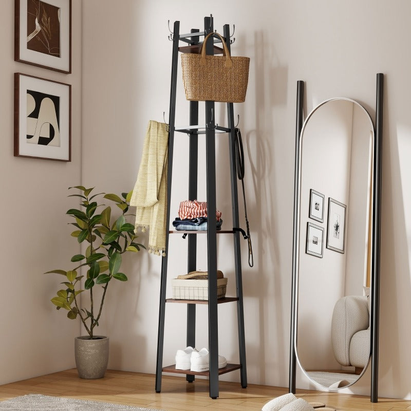 Kapstok – Garderoberek – Schoenenrek – Jasstandaard – Opbergrek – Industrieel Metaal & Hout – 4-Lagen Met 8 Haken – Stevige A-Frame Constructie 99,79 KG Draagvermogen