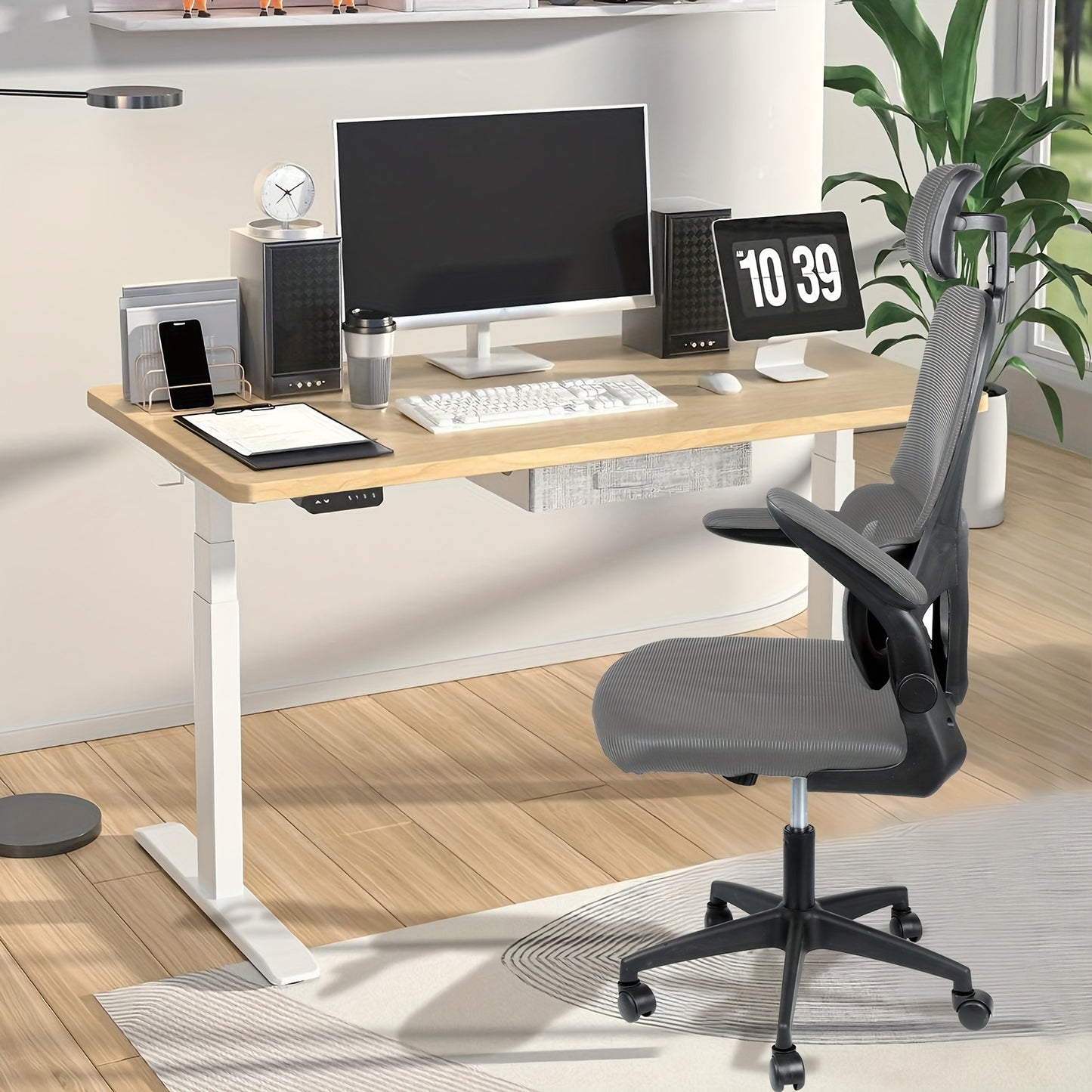 Bureaustoel – Kantoorstoel – Draaistoel – Gamingstoel – Bureaukruk – Ergonomische Lendensteun – Verstelbare Hoofdsteun – Mesh Stof – 150 kg Draagvermogen – Flip-up Armleuningen – Grijs