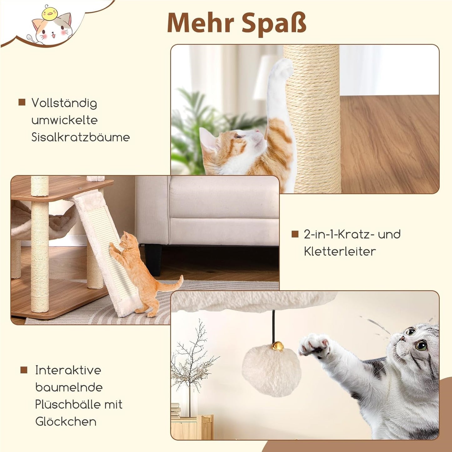 Krabpaal Kat – Krabmeubel – Klimpaal – Speelboom – Activiteitentoren – 168 cm Hoog – Inclusief Hangmat & Speelballen – Beige/Naturel