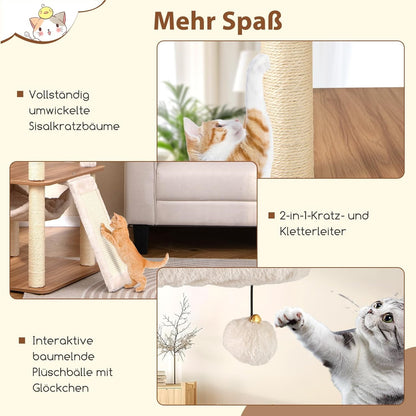 Krabpaal Kat – Krabmeubel – Klimpaal – Speelboom – Activiteitentoren – 168 cm Hoog – Inclusief Hangmat & Speelballen – Beige/Naturel