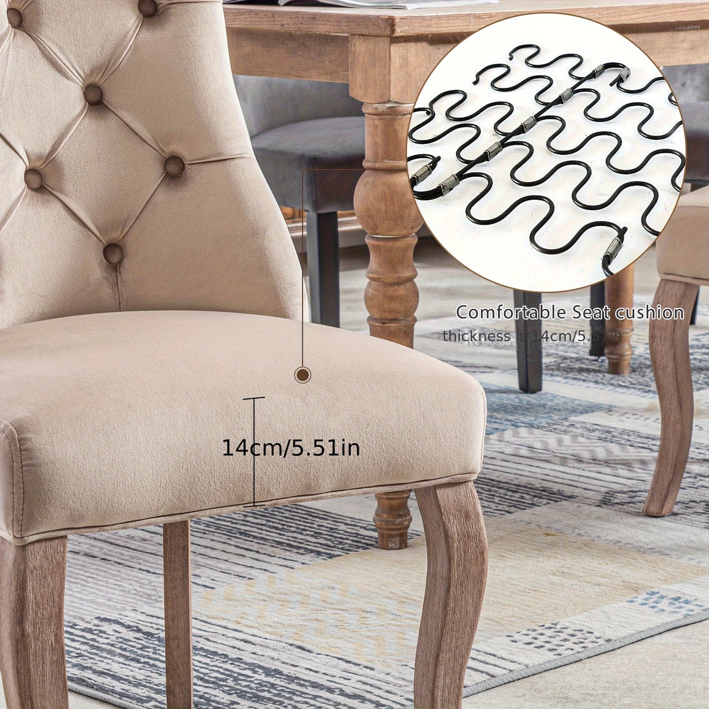 Eetkamerstoel – Stoel – Kuipstoel – Keukenstoel – Set Van 2 – Modern Design – Beige Katoen – Button-Tufted Rugleuning – Zacht Gewatteerde Zitting – Stevig Vierpoots Onderstel – Makkelijk Schoon Te Maken