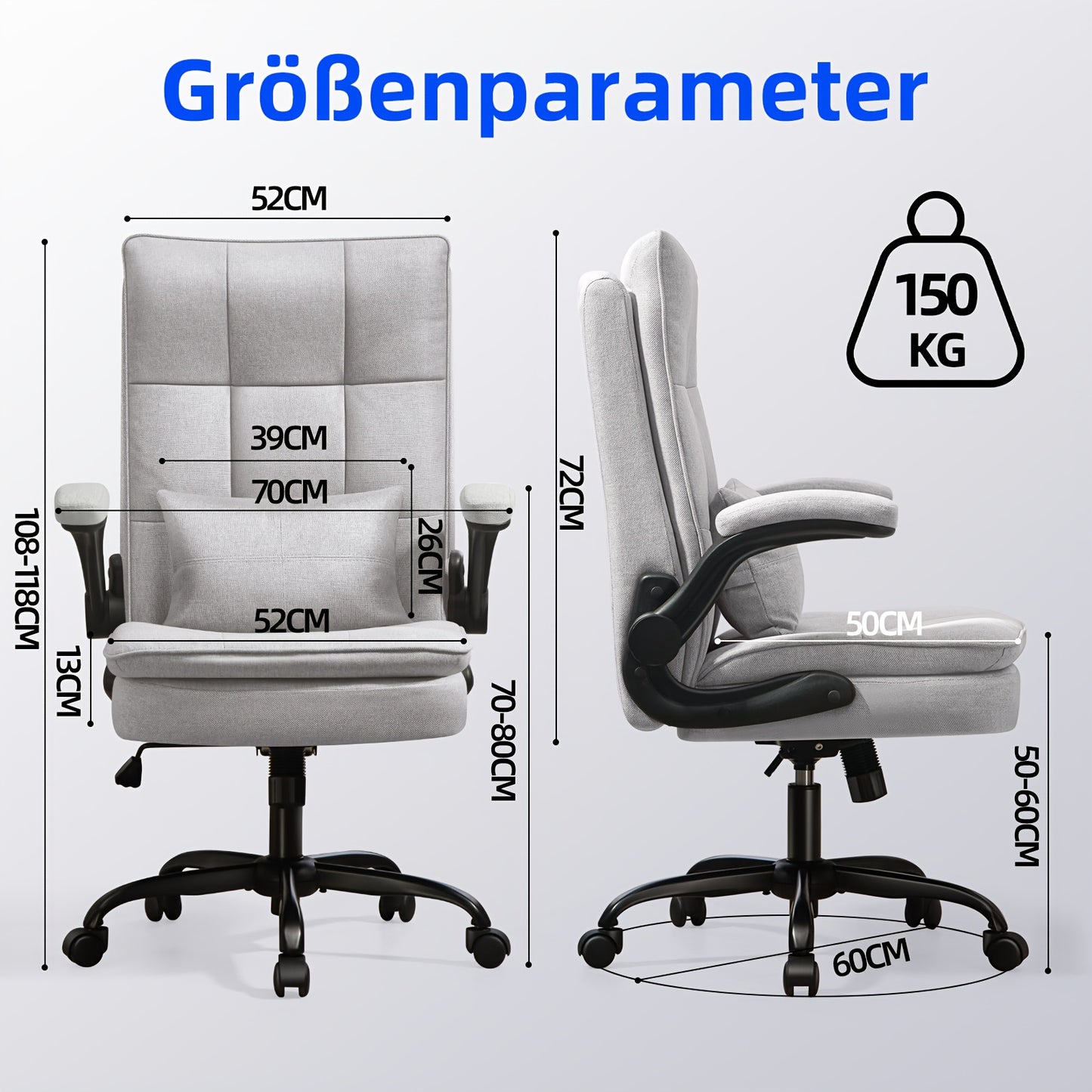 Ergonomische Bureaustoel – Bureaustoel – Werkstoel – Computerstoel – Bureaukruk – XXL Breed Zitvlak – Metalen Frame – Hoge Rugleuning – Lendensteun – Grijs S