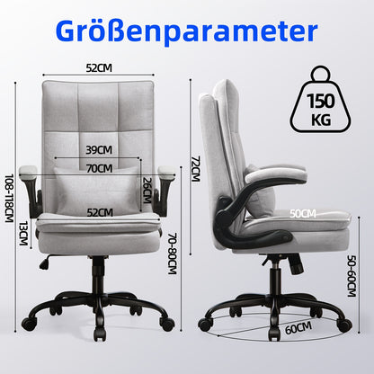 Ergonomische Bureaustoel – Bureaustoel – Werkstoel – Computerstoel – Bureaukruk – XXL Breed Zitvlak – Metalen Frame – Hoge Rugleuning – Lendensteun – Grijs S