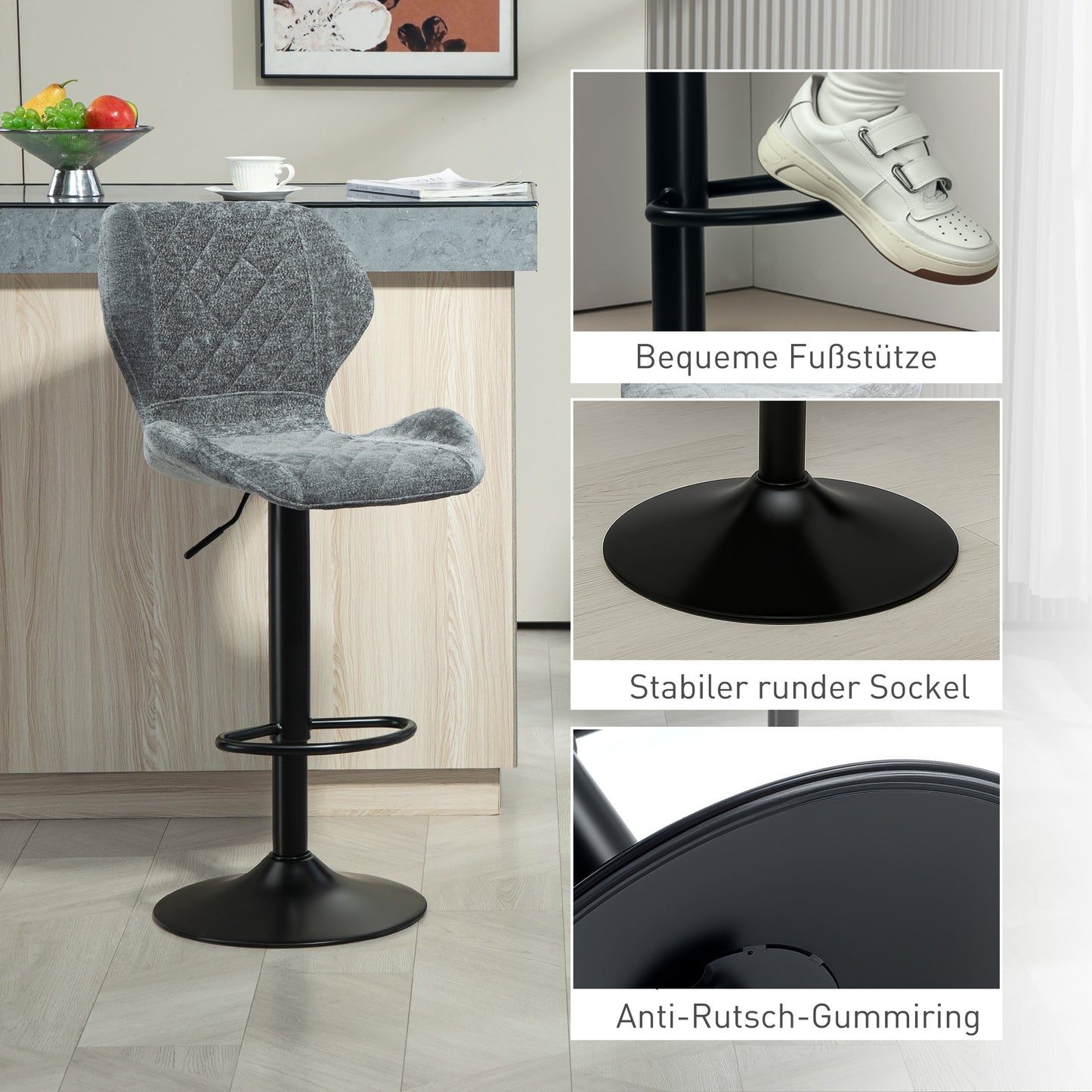 Barkrukken – Barstoelen – Keukenstoelen – Barkruk Sets – Hoge Stoelen – Verstelbaar in Hoogte – 360° Draaibaar – Met Rugleuning – Donkergrijs – Set van 2 – Stevige Voetsteun