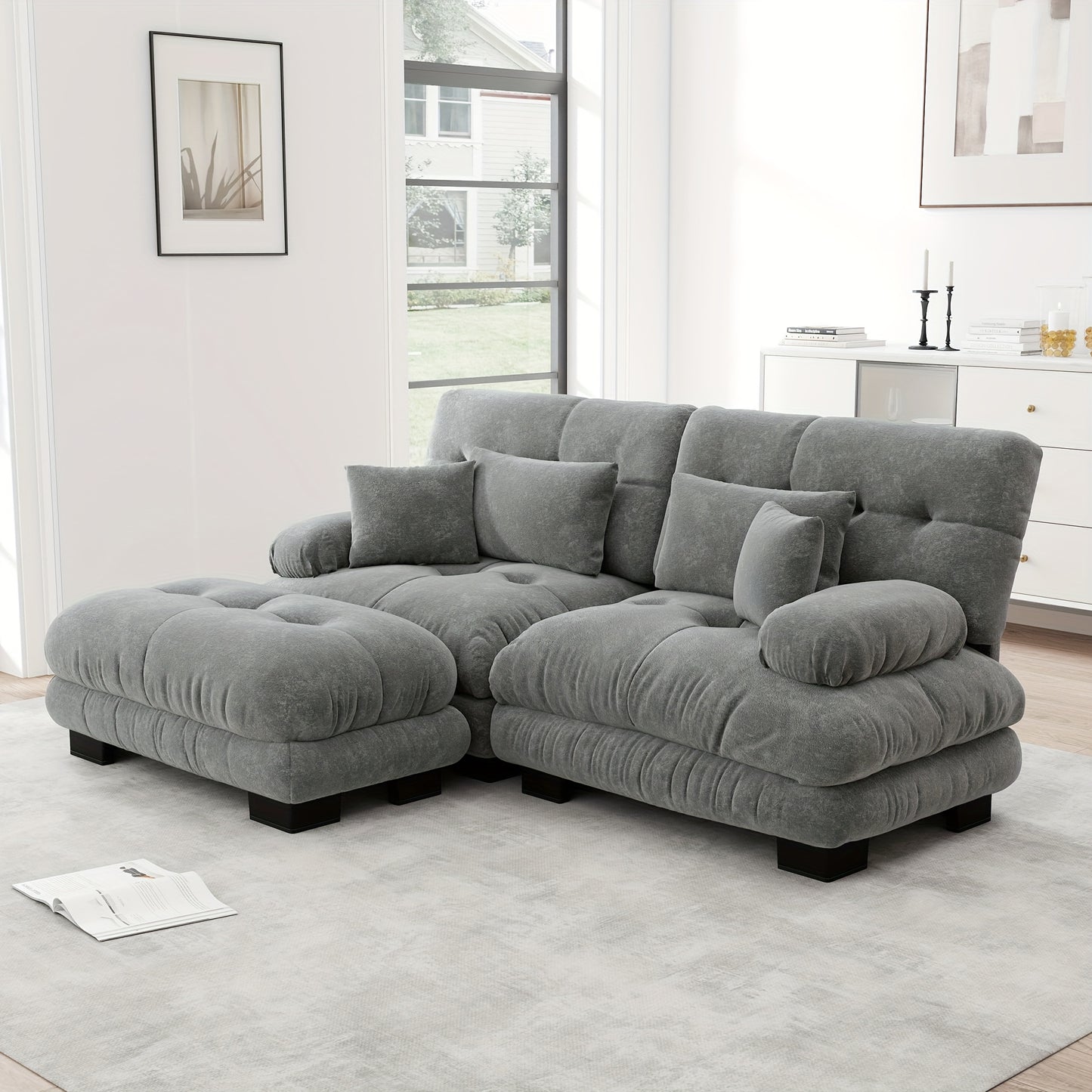 Living Room Cloud Corner Sofa, Chenille Loveseat with 2 Lumbar Cushions And 2 Decorative Pillows, Upholstered Sofa with Wide Armrests And Footstool
