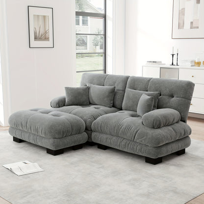 Living Room Cloud Corner Sofa, Chenille Loveseat with 2 Lumbar Cushions And 2 Decorative Pillows, Upholstered Sofa with Wide Armrests And Footstool