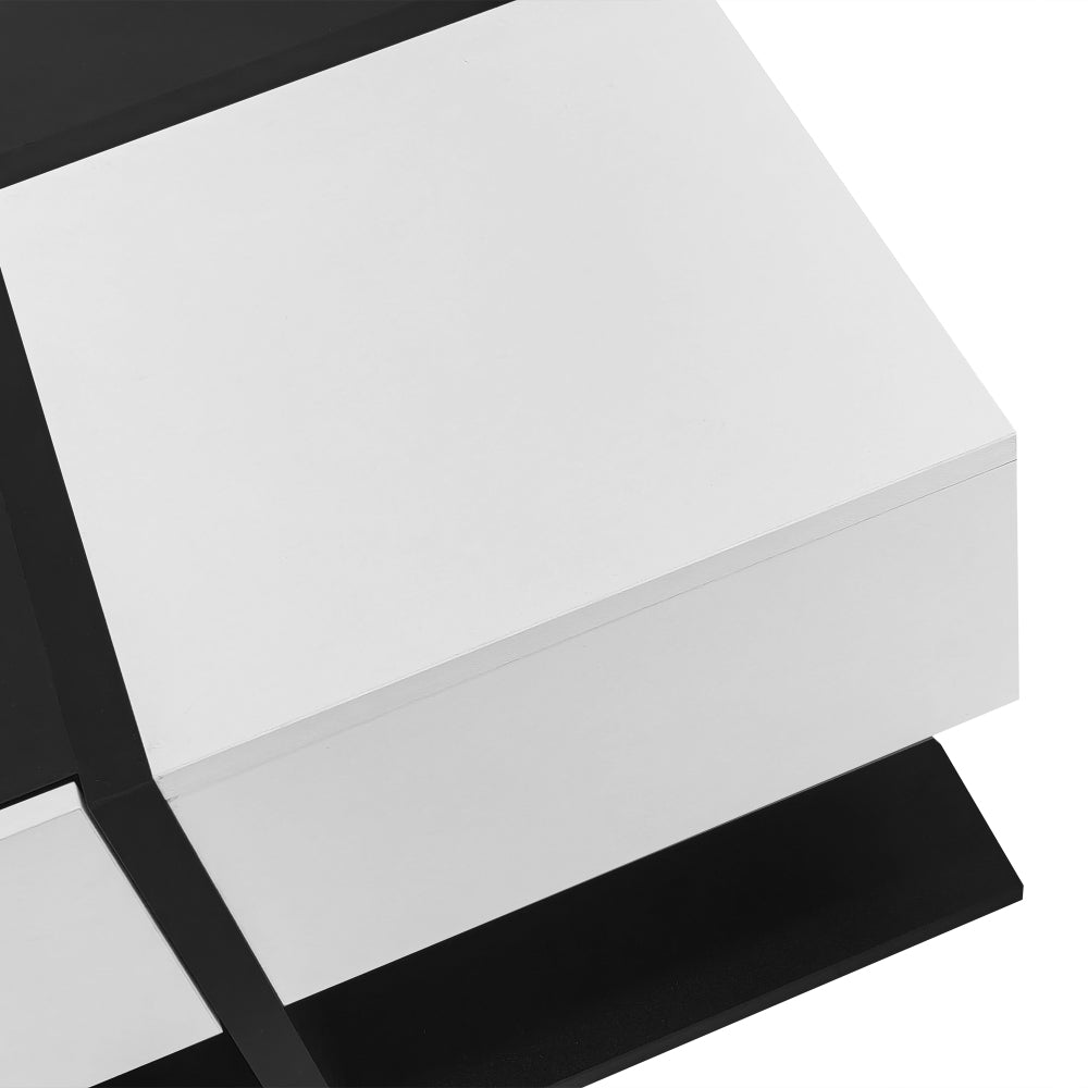 Modern Black and White Coffee Table | 70×70×35.5 cm, Square Living Room Storage Table with 2 Drawers, High Gloss Finish, Smooth Drawer Slides, Metal Construction