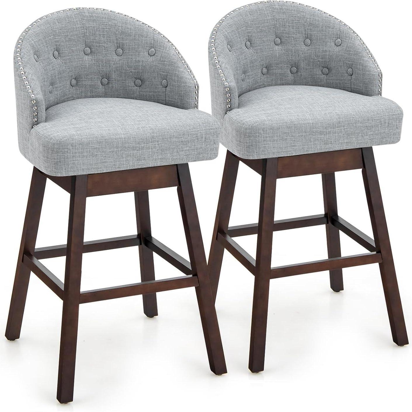 Barstoel – Barkruk – Barstoel Met Rugleuning – Keukenkruk – Draaiende Barkruk – 360° Draaibaar – Ergonomisch Met Voetensteun – Gemaakt Van Rubberhout Met Linnen Bekleding – Grijs – Zithoogte 78 Cm