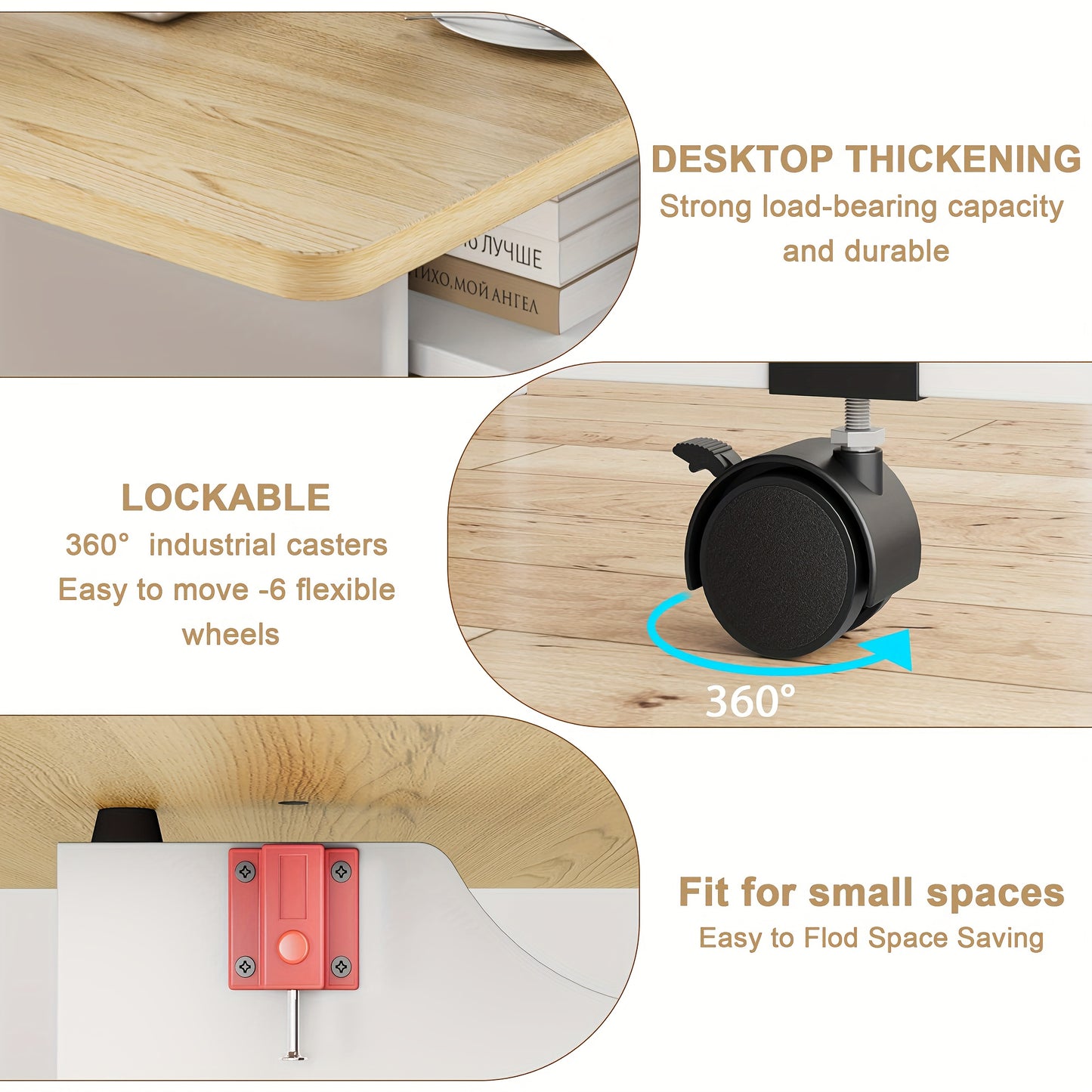 Klaptafel – Vouwtafel – Campingtafel – Eettafel – Opvouwbare Tafel – Met 2 Opbergniveaus – 360° Zwenkwielen Met Rem – Stevig Spaanplaat – Wit Met Houtaccenten