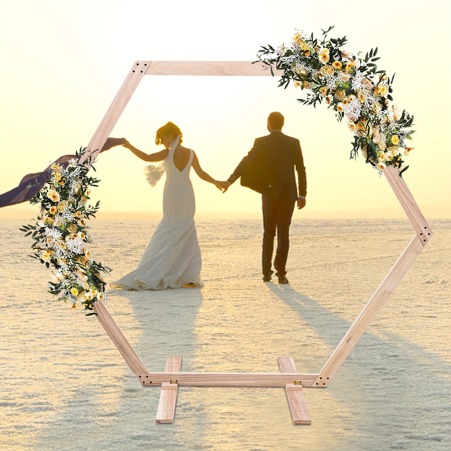 GDRASUYA10 Contemporary Hexagonal Wooden Stand for Weddings, Parties & Home Decor - Freestanding Rustic Photo Backdrop with Vibrant Floral Accents, Wooden Decor, Party Decoration, Elegant Design, Natural Texture