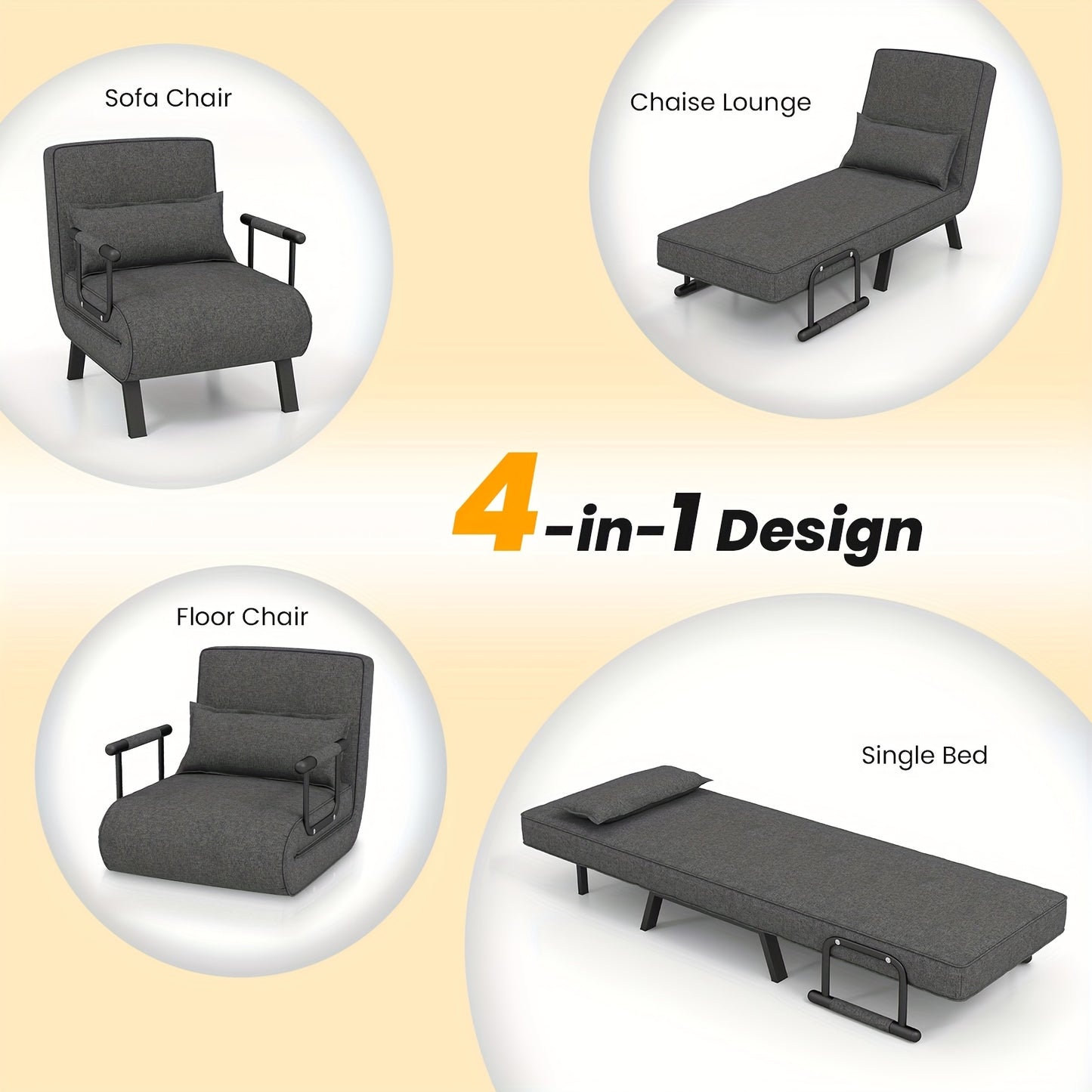 Convertible Sofa Bed, Tri-Fold Single Sleep Chair W/ 6 Positions Adjustable Backrest, Removable Pillow & Upholstered Seat, Sturdy Metal Frame, Folding Chaise Lounge Couch for Home & Office