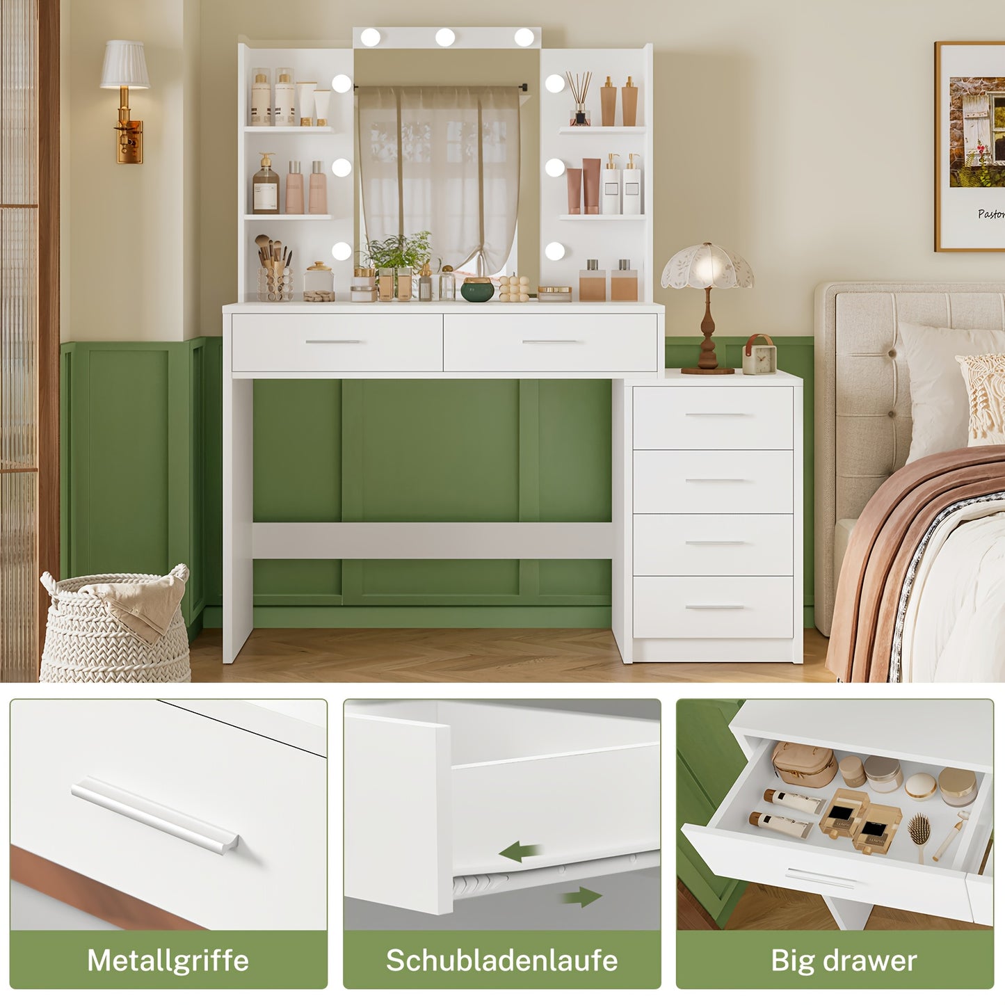 Toilettafel – Kaptafel – Make-up Tafel – Opmaaktafel – Dressoir – Wit – Verlichte Spiegel – 6 Laden en 4 Open Vakken