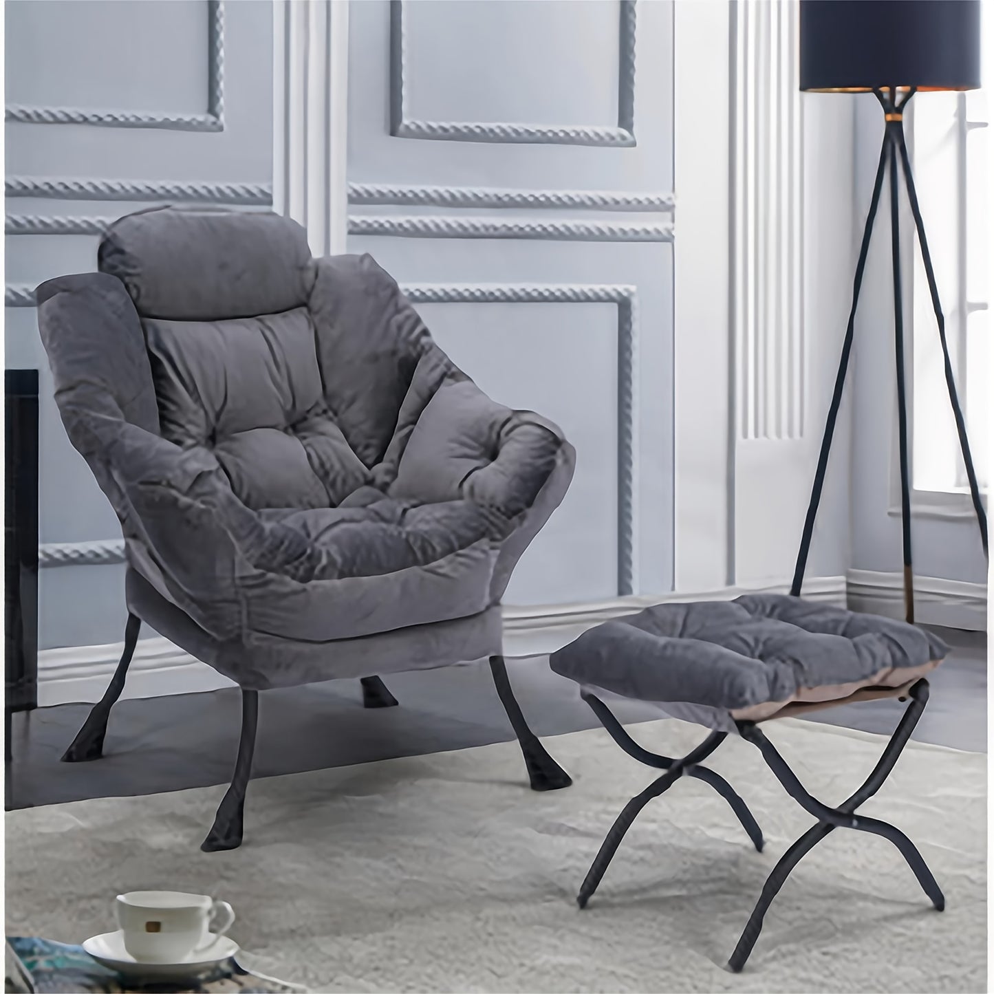 Lounge Fauteuil – Relaxstoel – Lazy Chair – Stoel Met Voetenbank – Donkergrijs – Metalen Frame – Zachte Polyester Bekleding