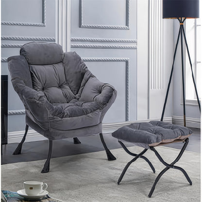 Lounge Fauteuil – Relaxstoel – Lazy Chair – Stoel Met Voetenbank – Donkergrijs – Metalen Frame – Zachte Polyester Bekleding