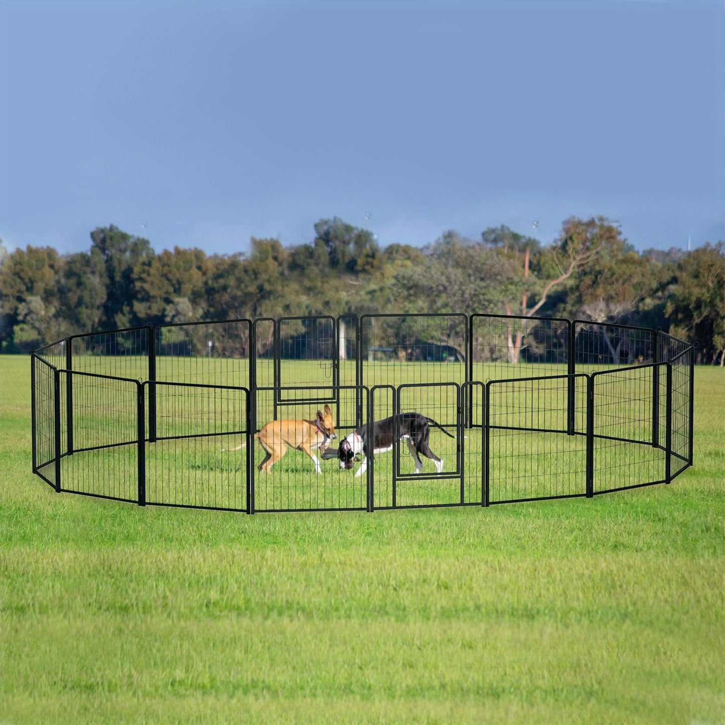 Hondenhek – Puppyren – Dierenhek – Veilige Afzetting – Traphekje – 12 Panelen – Inklapbaar – Met Deur – Metalen Frame – Versterkte Grondankers