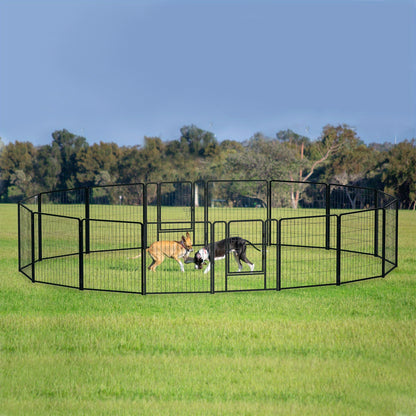 Hondenhek – Puppyren – Dierenhek – Veilige Afzetting – Traphekje – 12 Panelen – Inklapbaar – Met Deur – Metalen Frame – Versterkte Grondankers