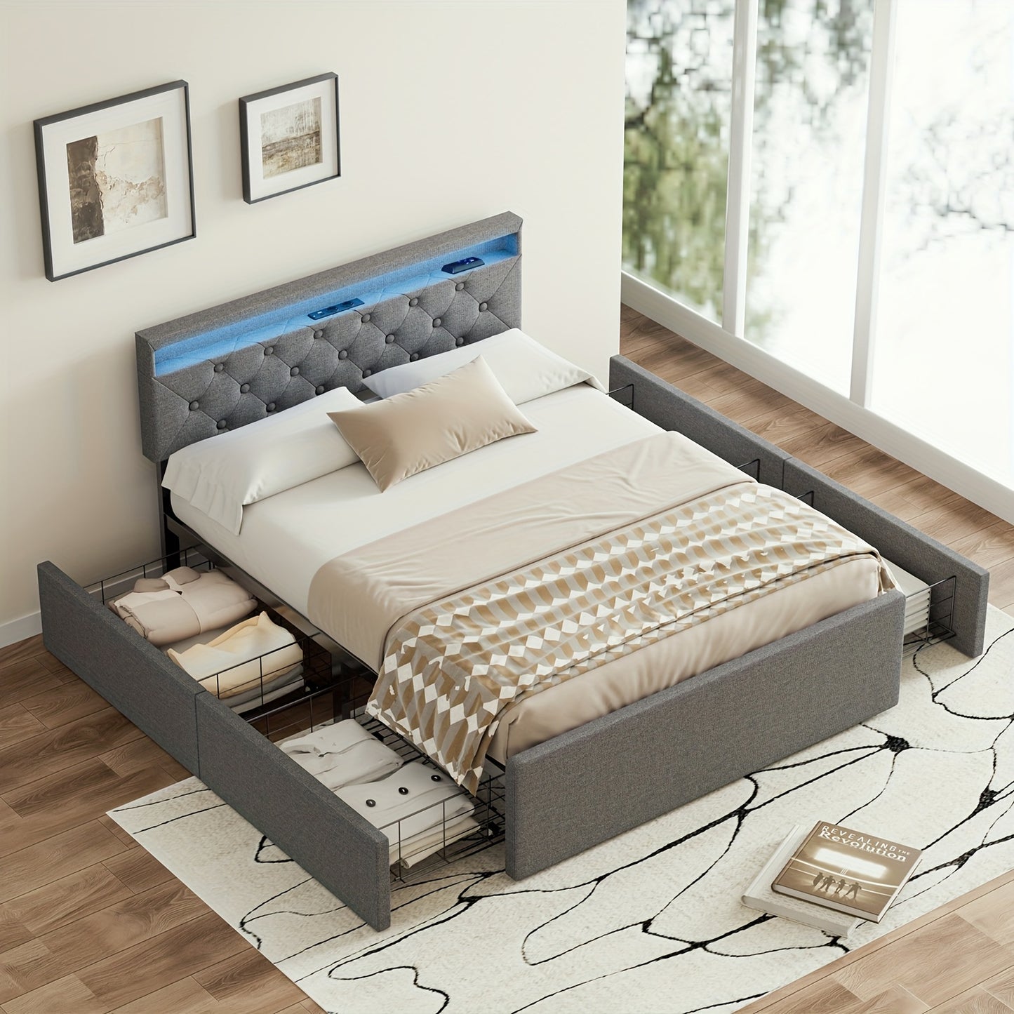 Bedbank – Slaapbank – Slaapstoel – Bankbed – Bedframe – 140x200 cm – Gestoffeerd Grijs Linnen – 4 Lades & USB LED Hoofdbord