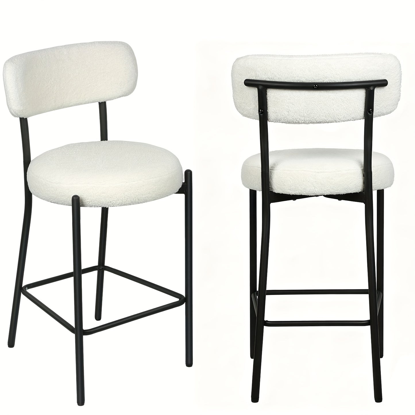 Set of 2 Modern Teddy Boucle Counter Height Chairs & Bar Stools - Plush Round Thick-Seated Padded Dining Set with Black Carbon Steel Frame, Kitchen, Cafe, Breakfast Nook Furniture for or Commercial Use - Easy Assembly