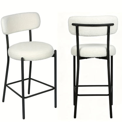 Set of 2 Modern Teddy Boucle Counter Height Chairs & Bar Stools - Plush Round Thick-Seated Padded Dining Set with Black Carbon Steel Frame, Kitchen, Cafe, Breakfast Nook Furniture for or Commercial Use - Easy Assembly