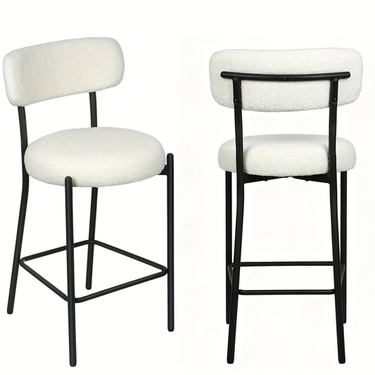 Set of 2 Modern Teddy Boucle Counter Height Chairs & Bar Stools - Plush Round Thick-Seated Padded Dining Set with Black Carbon Steel Frame, Kitchen, Cafe, Breakfast Nook Furniture for or Commercial Use - Easy Assembly