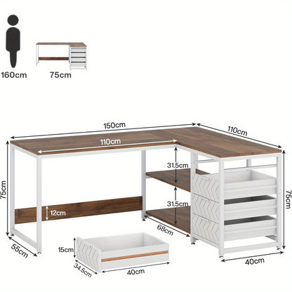 Hoekbureau – L-vormig Bureau – Werkbureau – Computerbureau – Bureau met Laden – Verstelbare Poten – Robuust Metaal Frame – Compact 150x110x75 cm – Donkerbruin Wit