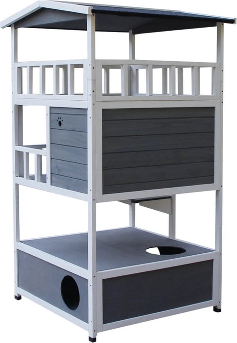 Kattenhuis - voor Buiten – Weerbestendig Houten Hok - met 2 Verdiepingen – Ruime Kooi - Bench en Ren – Duurzaam en Comfortabel – Grijs