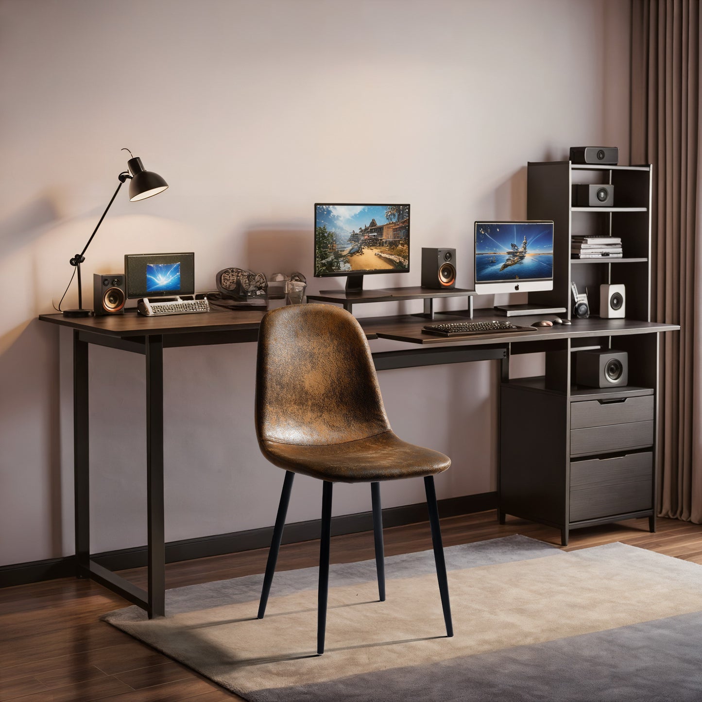 Bureaustoel – Werkstoel – Desk Chair – Office Chair – Vergaderstoel – Suède Bekleding – Ergonomische Rugleuning – Bruin – 45x54,5x86 cm – Metalen Frame – Set Van 4