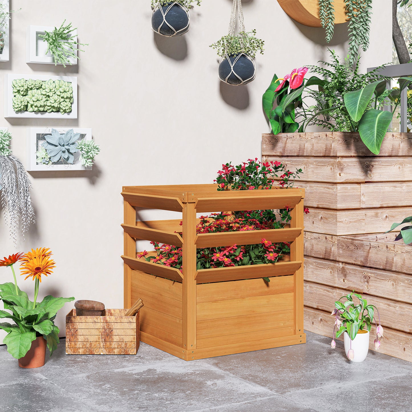 Raised Garden Bed with Trellis, Wooden Planter Box with Climbing Frame, 65 x 65 x 60 cm, Caramel Brown