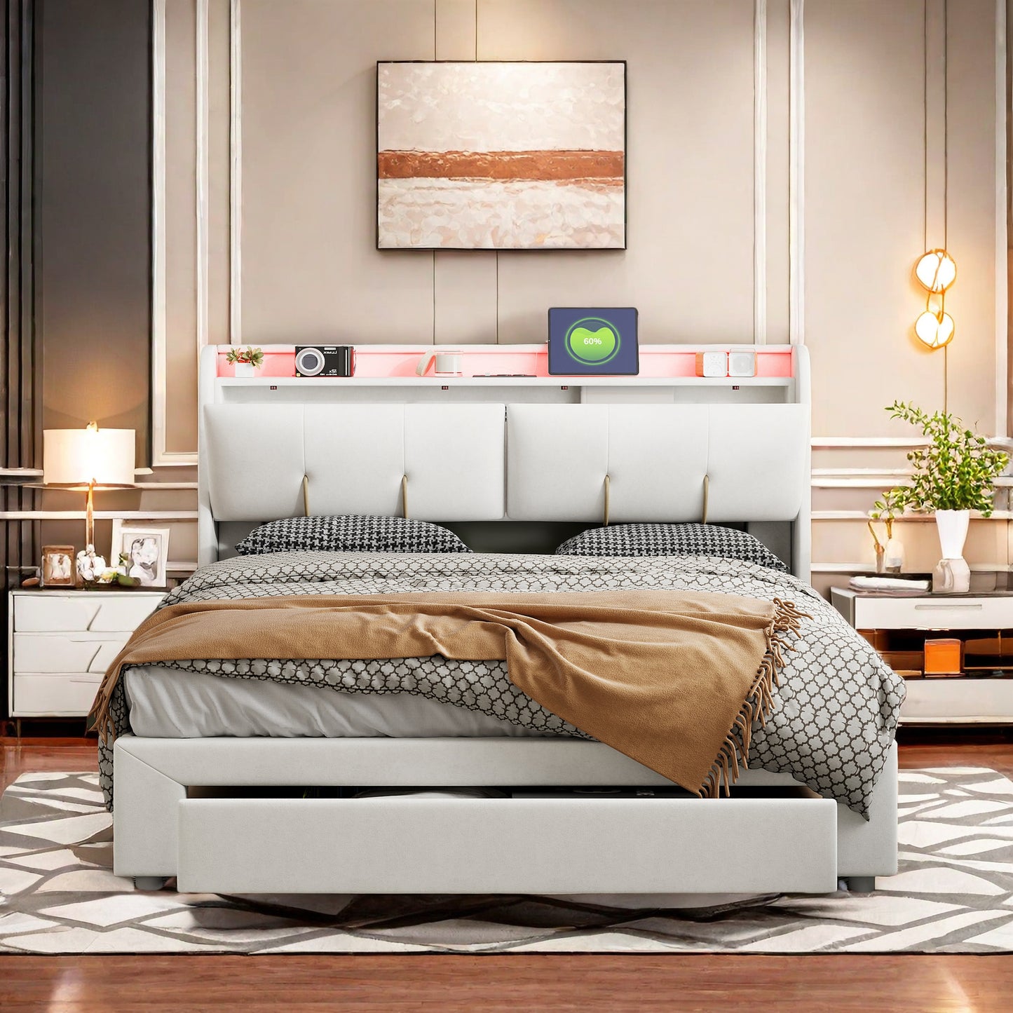 Tweepersoonsbed – Bed – Ledikant – Boxspring – Slaapbank – Gebroken Wit – 160x200 cm – Opbergruimte Hoofdbord – Geïntegreerde USB-poort & LED-sfeerverlichting