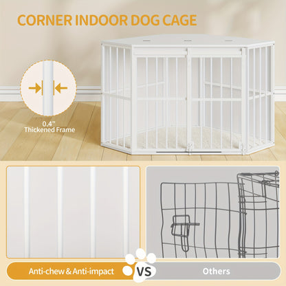 Corner Dog Cage, Dog Crate For Home, Dog Cage Furniture With Cushion And Sliding Doors, Modern Wooden Indoor Dog Crate With Hinged Lid For Medium And Small Dogs, 107 X 59.6 X 64 Cm, White