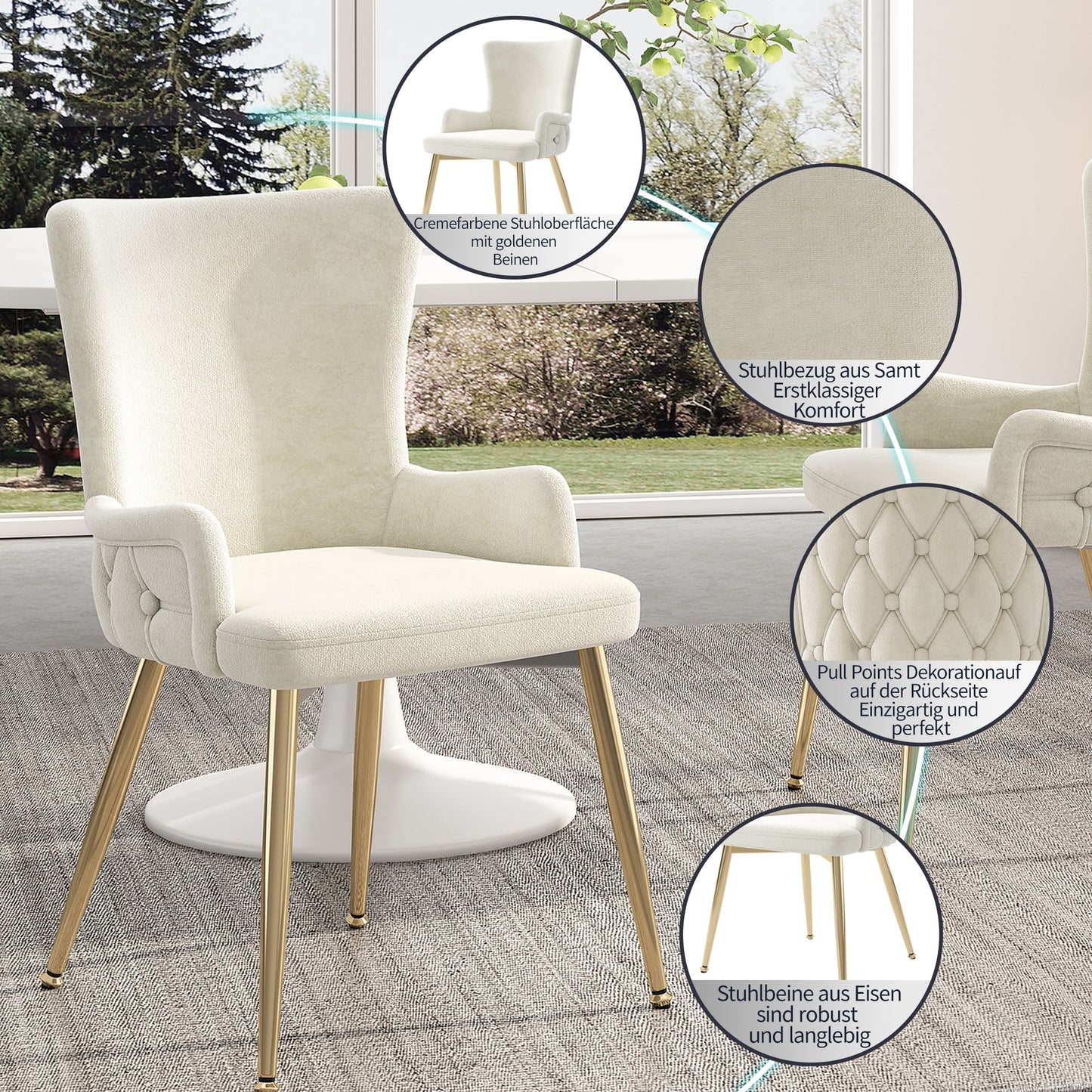 Eetkamerstoel – Kuipstoel – Keukenstoel – Stoel – Zitmeubel – Velvet Bekleding – Gouden Metalen Poten – Set van 2 – Beige – Memory Foam Zitting