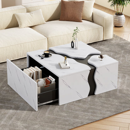 Living Room Coffee Table | 70 x 70 x 31 cm, Cubic Geometric Design, Side Table with Drawer, Uniquely Shaped Marble-Topped Table, Multifunctional Storage and Games Table, Modern Style, Metal Material