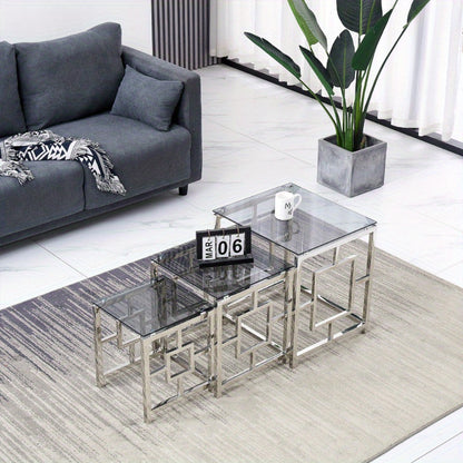Salontafel – Bijzettafel – Koffietafel – Sofa Tafel – Woonkamertafel – Set van 3 – RVS Frame – Gehard Glas