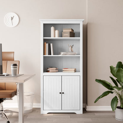 boekenkast – boekenrek – opbergkast – wandkast – vakkenkast – massief dennenhout – 3 open planken met 2 deuren – wit Frans design