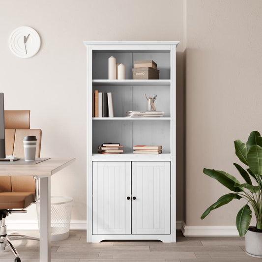 boekenkast – boekenrek – opbergkast – wandkast – vakkenkast – massief dennenhout – 3 open planken met 2 deuren – wit Frans design